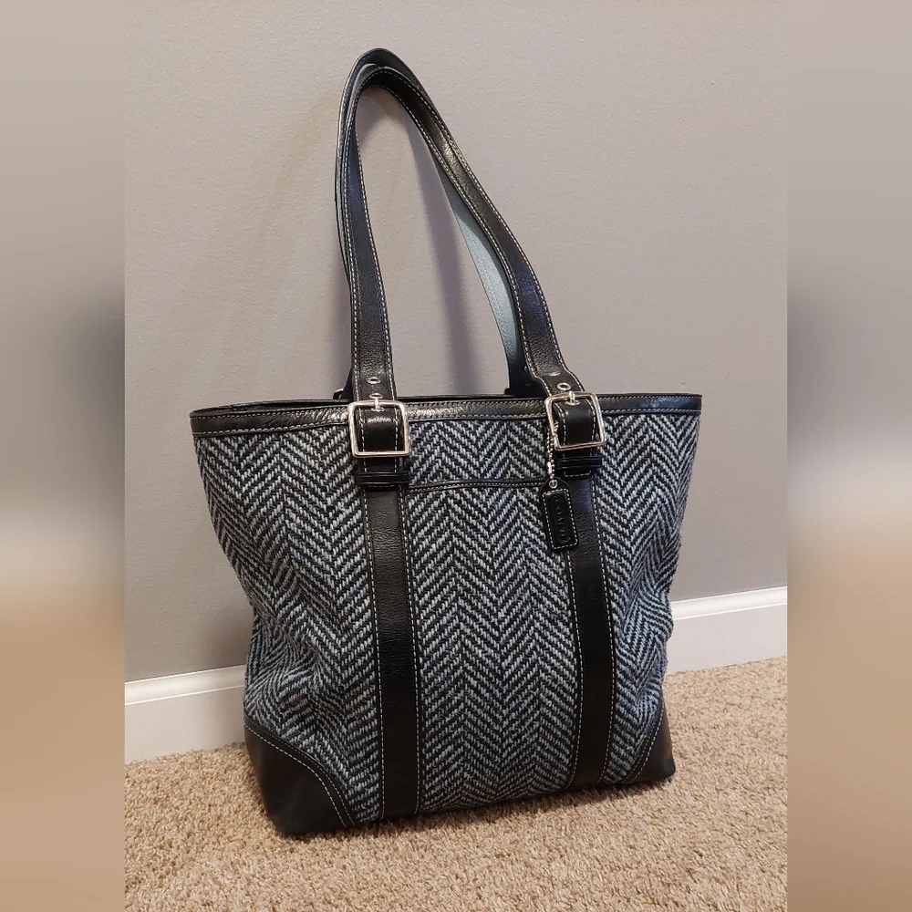 COACH Hampton Wool Tweed Herringbone Tote Shoulder Bag